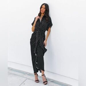 Vici‎ Aurielle polka dot ruched tie front button down shirt dress black white XL
